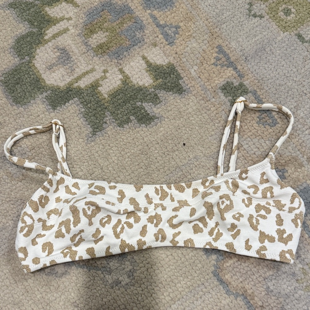 Solid & Striped White and Gold Leopard Print Bikini Top